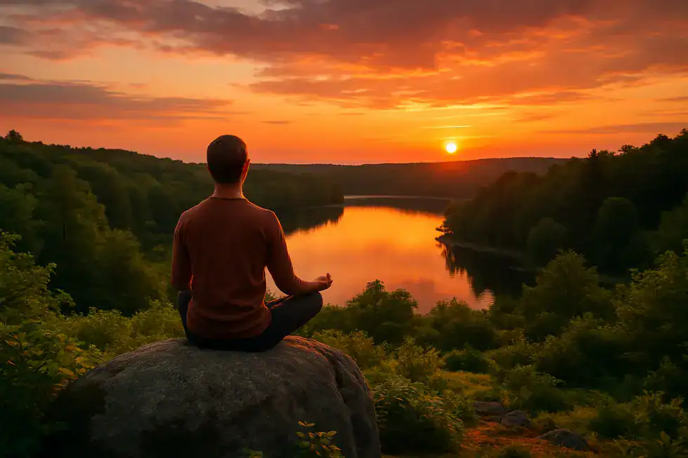 Person sitzt ruhig auf einem Felsen inmitten einer grünen Landschaft bei Sonnenuntergang.