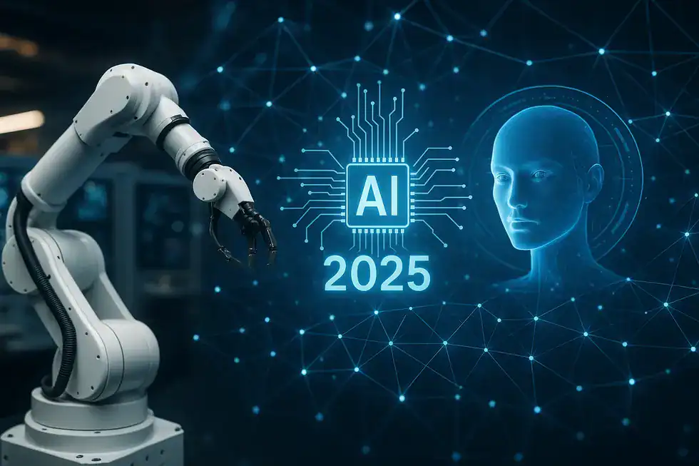 Collage image showing AI technologies like robotics and digital networks.