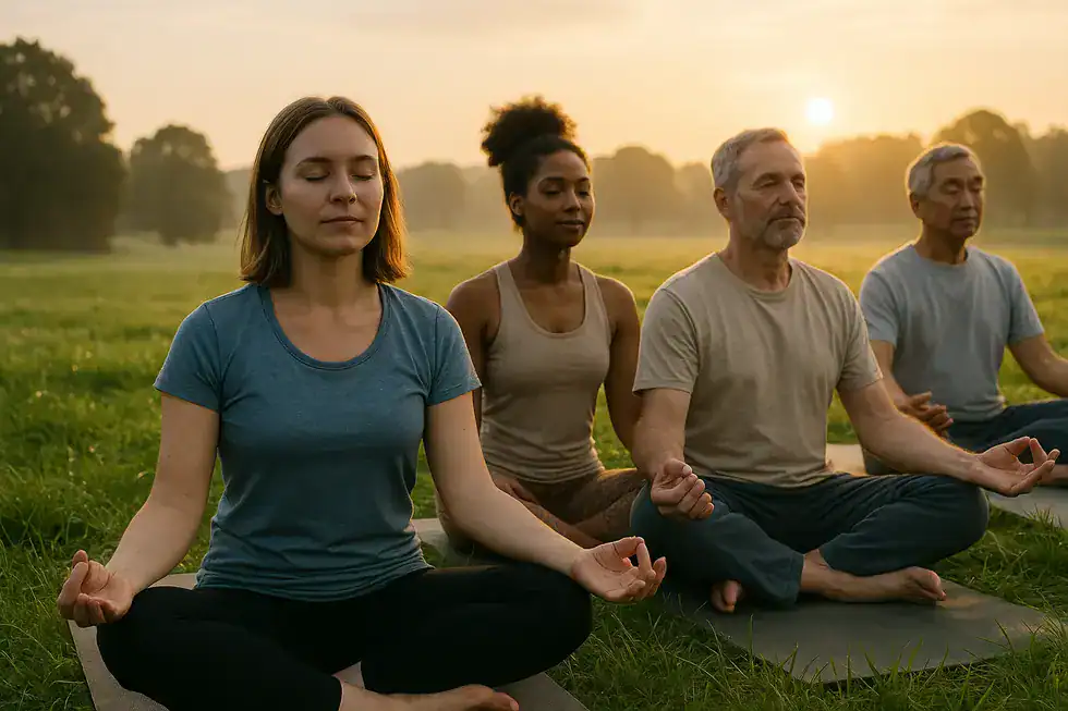 Eine diverse Gruppe praktiziert Yoga auf einer Wiese bei Sonnenaufgang.