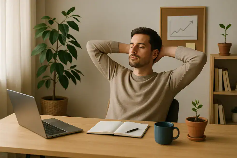 An employee reflecting at work, surrounded by symbols of growth and potential.