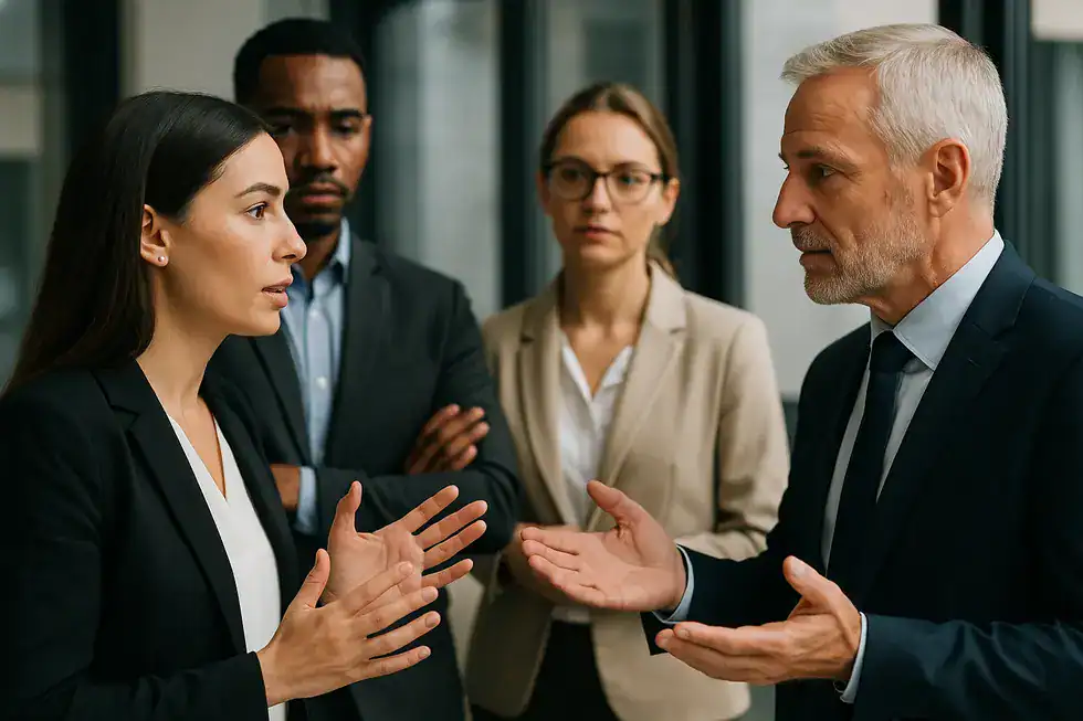 Mehrere Personen interagieren in einem Büro und nutzen Körpersprache.