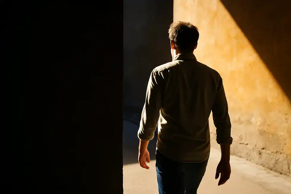 Person stepping from shadows into sunlight, representing renewed work motivation.