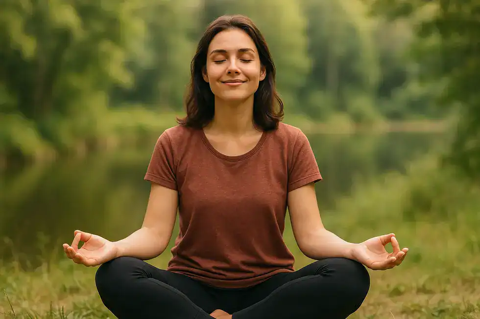 Eine Person praktiziert den Mindful Check-In, um innere Ruhe zu erlangen.