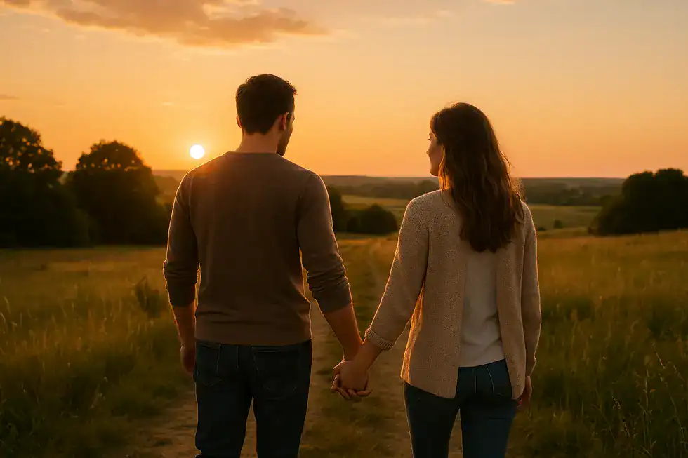 Ein harmonisches Paar geht Hand in Hand durch eine friedliche Landschaft bei Sonnenuntergang.