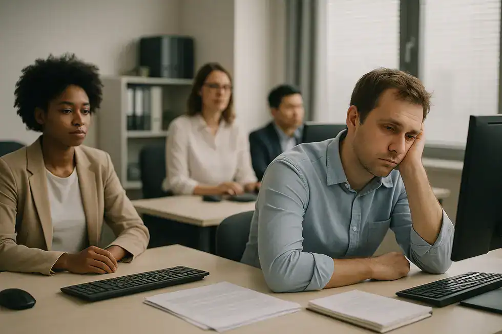 An office scene showing the varied engagement levels of employees, illustrating the concept of quiet quitting.