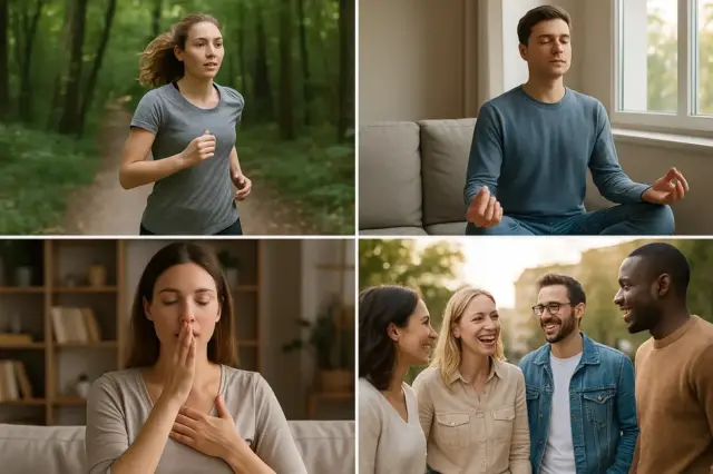 A collage of activities like jogging, meditation, and socializing, depicting stress resistance strategies.