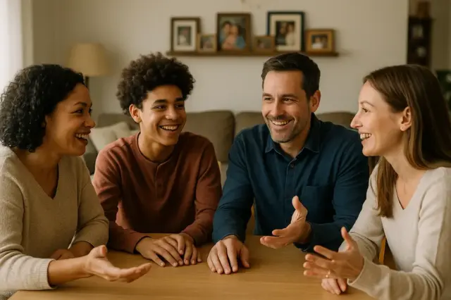 Eine Familie sitzt am Tisch und tauscht sich in einem harmonischen und verständnisvollen Umfeld aus.
