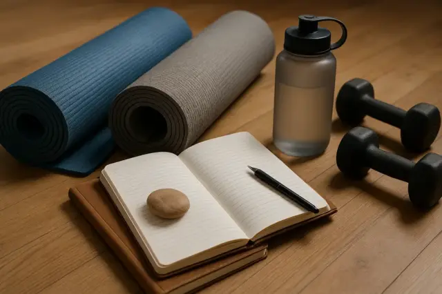 Yoga-Matten und Fitnessausrüstung für stressresistentes Leben.