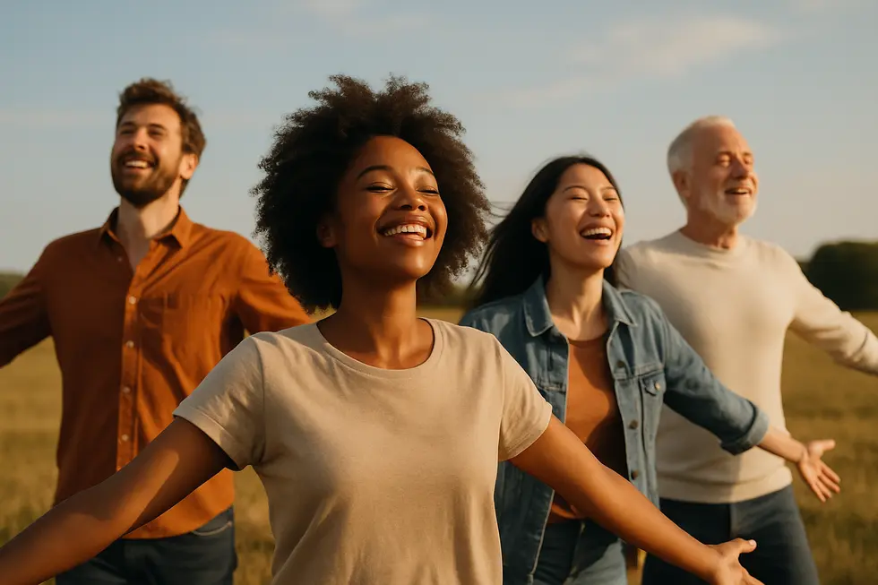 A group of people in an open field expressing joy and freedom.