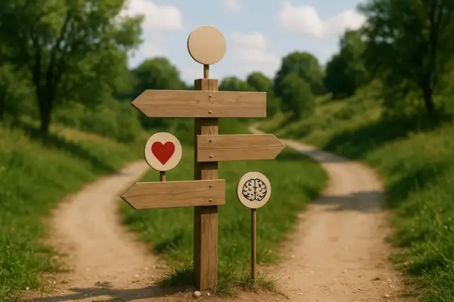 Ein Wegweiser zeigt Richtung zu den Konzepten von Bauch, Herz und Verstand für Entscheidungen.