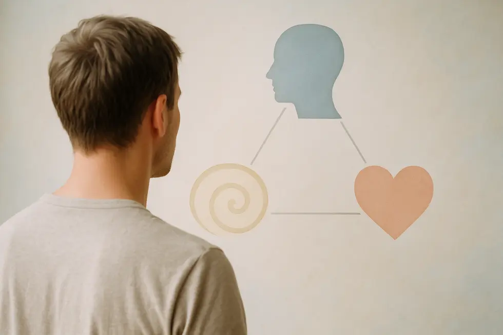 Eine Darstellungsform von Kopf, Herz und Bauch in einem harmonischen Dreieck, das Klarheit symbolisiert.