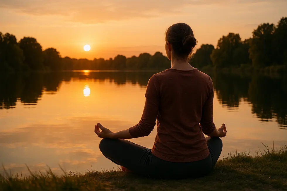 Individual meditating by a lake at sunset, embodying the balance of humor and mindfulness for resilience.
