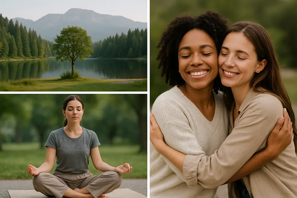 A composite of nature, meditation, and friendships representing stress resilience.