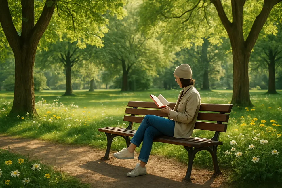 Ein ruhiger Moment im Park, der die Stressreduktion durch gesunde Grenzen illustriert.