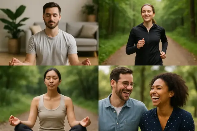 Collage von Aktivitäten wie Yoga, Meditation, Joggen und sozialem Miteinander.