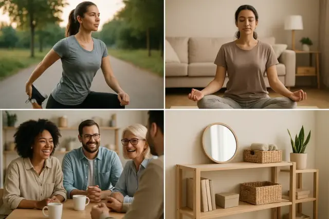 Images of exercise, meditation, social support, and personal organization symbolizing stress resistance strategies.