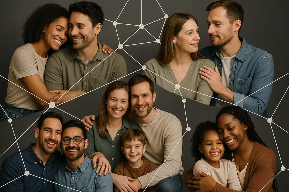 Diverse families and couples connected in systemic thinking.