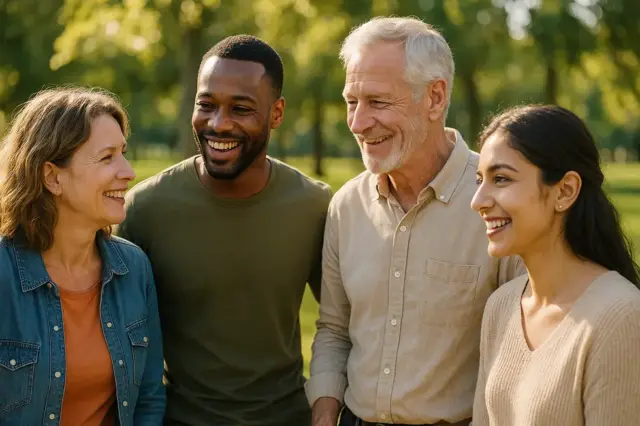 Diverse group engaging in a warm conversation in a sunny park setting.