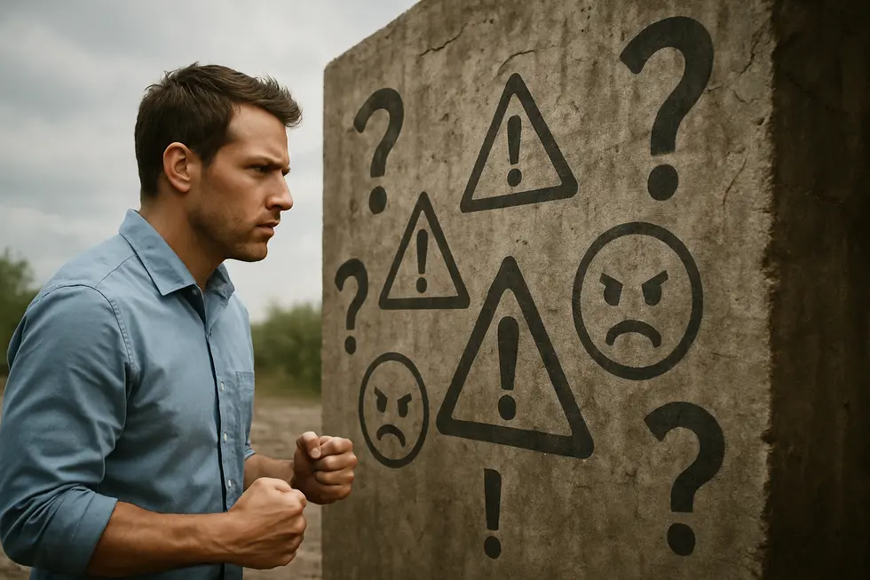 A person confronting a wall of inner blockades, poised to break through.